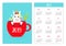 Cute unicorn in tea coffee cup. Fir Christmas tree. Simple pocket calendar layout 2019 new year. Week starts Sunday. Cartoon