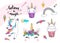 Cute unicorn vector with cupcake, dancing little horse, head with flowers, rainbow, diamond, ice cream and lettering