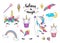 Cute unicorn vector with cupcake, dancing little horse, head with flowers, rainbow, diamond, ice cream and lettering