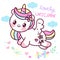 Cute Unicorn vector Pegasus fly on sky with flower garden pony cartoon pastel background