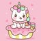 Cute Unicorn vector sit on sweet cupcake  dessert pastel color pony cartoon Kawaii Character illustrations isolated on white