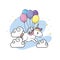 Cute unicorn with wings and balloons and clouds