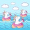 Cute unicorns on donut swimming ring. Summer time. Magic unicorn drinking a cocktail, swims in the sea . Cartoon flat