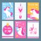 Cute unicorns. Magic animals with greeting text postcards collection, sweet fairy horses with pink manes, stars and