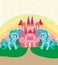 Cute unicorns rainbow and fairy-tale princess castle