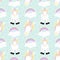 Cute Unicorns with Stars, Clouds with Rainbows on light green background seamless pattern