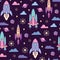 Cute universe rocket repeat pattern print in pastel colors and dark background