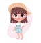 Cute unshod little girl character in hat holding flower on pastel pink background. Template f or card, poster, your