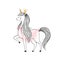 Cute and unusual pony princess in hand drawn style with a golden crown and a chic mane and tail. Outline fairytale horse