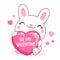 Cute Valentine card in kawaii style. Little white bunny with big pink heart