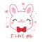 Cute Valentine card in kawaii style. Lovely bunny with bow and pink hearts