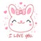 Cute Valentine card in kawaii style. Lovely bunny with pink bow and hearts