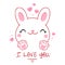 Cute Valentine card in kawaii style. Lovely bunny with pink hearts