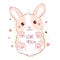 Cute Valentine card in kawaii style. Lovely bunny with pink hearts. Inscription Love you