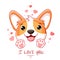 Cute Valentine card in kawaii style. Lovely little corgi puppy with pink hearts