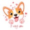 Cute Valentine card in kawaii style. Lovely little corgi puppy with pink hearts