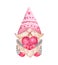 Cute Valentine`s Day gnomes illustration. Watercolor hand painted gnome boy and red heart, isolated on white background.