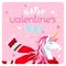 Cute Valentine`s Day greeting card with unicorn, scarf, hearts and stars on pink background