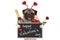 Cute valentine`s day pug dog with blackboard, champagne bottle, hearts diadem and rose