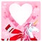 Cute Valentine`s Day or wedding greeting card with unicorn, scarf and hearts on pink background