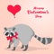 Cute Valentines Day card with cartoon character racoon