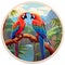 cute valentines day Macaw parrot couple world wildlife illustration with flora and fauna round composition