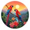 cute valentines day Macaw parrot couple world wildlife illustration with flora and fauna round composition