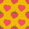 Cute Valentines Day seamless pattern with hearts and strawberry on a yellow background. Colorful strawberries and hearts