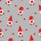 cute valentines gnomes in red hats and hearts in a valentines day seamless pattern on grey background