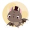 Cute vampire bat flying to moon. Cartoon pipistrelle animal character for kids and children