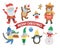 Cute vector animals, Santa Claus, snowman in hats, scarves and sweaters wearing medical face masks. Winter set of winter