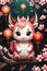 A cute vector art with adorable kawaii dragon, chinese red lampions, peach blossoms flower, digital anime style, fantasy