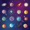 Cute vector cartoon collection of fantasy planets, moon, satellites and fantastic space objects on cosmos background