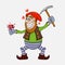 Cute vector cartoon gnome or dwarf with a pickaxe got a ruby. Fairytale character. Funny prospector. Design for print, emblem, t-