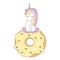 Cute vector cartoon lovely unicorn sitting on a big donut