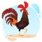 Cute vector cartoon rooster. Illustration of a colorful rooster standing on one leg.