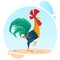 Cute vector cartoon rooster mascot. Illustration of a colorful rooster standing on one leg.