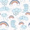 Cute vector cartoon weather clouds and rainbow