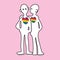 Cute vector doodle cartoon of lover couple for LGBTQ concept, hart shape on body with rainbow colour, purple, blue, green, yellow