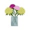 Cute vector flat bouquet of garden asters. Pink, purple and yellow asters in a jar. Beautiful asters on a white background for the