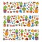 Cute vector garden with birds, cactus, plants, fruits, berries, gardening tools, rubberboots Garden market pattern in