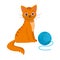 Cute vector ginger cat sits next to a blue ball of thread.