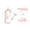 Cute vector hand drawn lettering make a wish card with unicorn