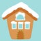 Cute Vector Holiday Gingerbread House. Snow lies on windows and the roof. Cartoon habd drawn vector illustration