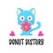 Cute vector illustration. Funny cartoon cat eating a donut. Template for design, print, advertising.