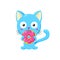 Cute vector illustration. Funny cartoon cat eating a donut. Template for design, print, advertising.