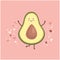 Cute vector illustration of a happy avocado with doodle hearts, stars, and dots.