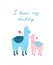 Cute vector illustration. Small and large llamas. Kid with dad. Love, hearts, lettering. I love my daddy. Fathers day