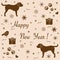 Cute vector illustration of two dogs, gift boxes, bird, hearts,