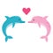Cute vector illustration of two dolphins being in love with little red heart between them